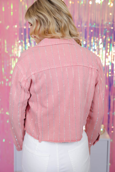 Women's Pink Rhinestone Denim Jacket- Chic Cropped Denim Jacket- 