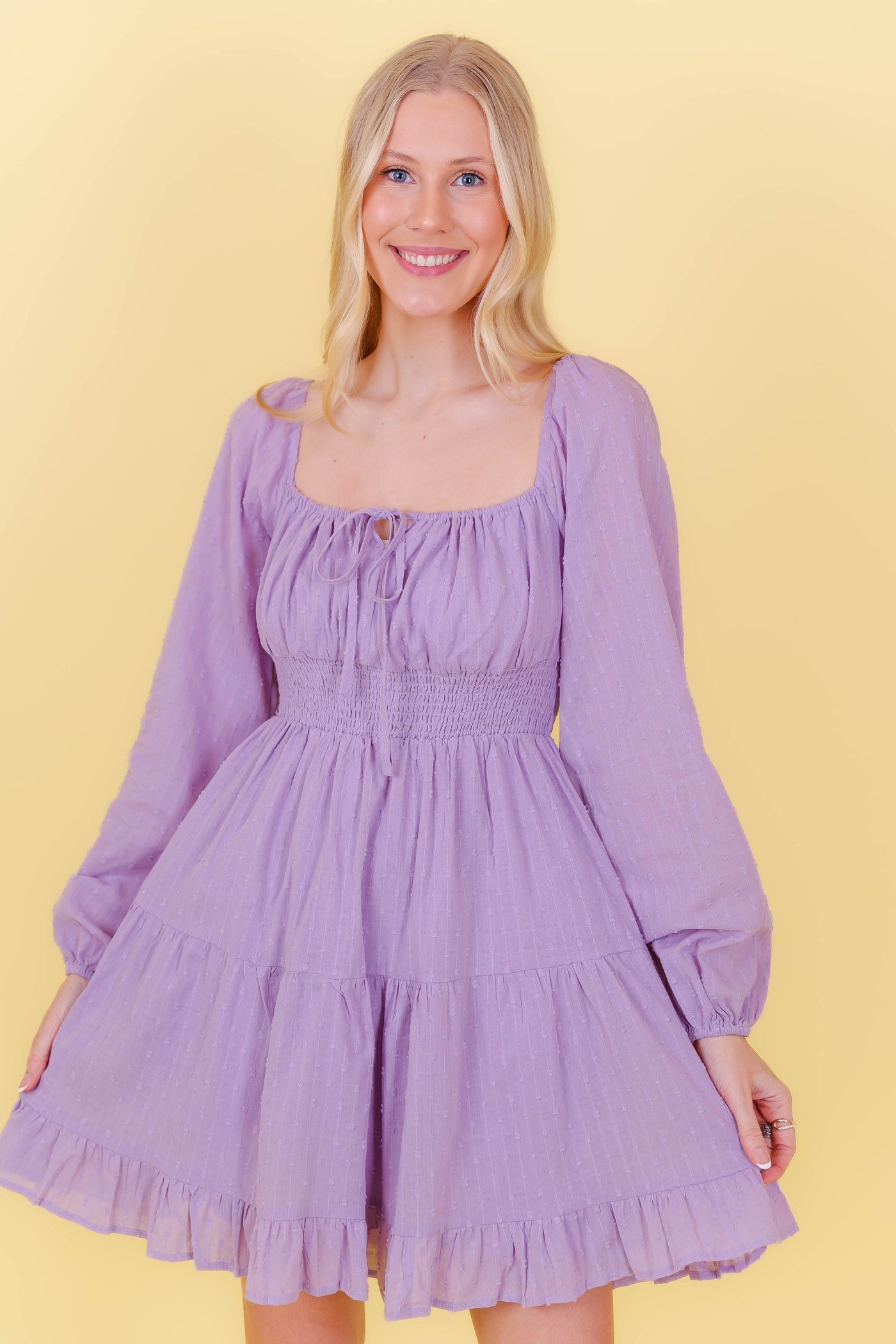 Lilac Swiss Dot Dress- Pretty Long Sleeve Dress- Women's Dress With Elastic Waistband