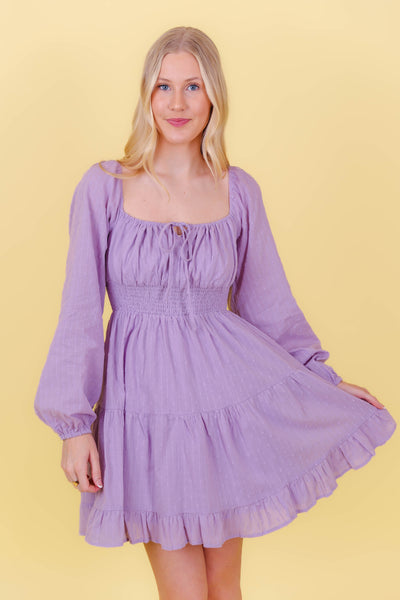 Lilac Swiss Dot Dress- Pretty Long Sleeve Dress- Women's Dress With Elastic Waistband