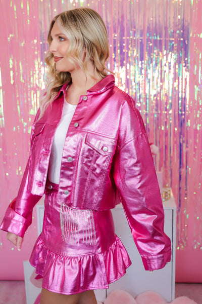 Hot Pink Metallic Jacket- Rhinestone Fringe Pink Jacket- Fun Metallic Jacket