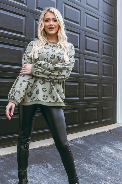 Olive Green Leopard Pullover- Green Leopard Sweater Top- $40