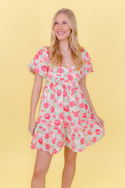 Bright Floral Print Dress- Babydoll Style Dress- &Merci Dresses