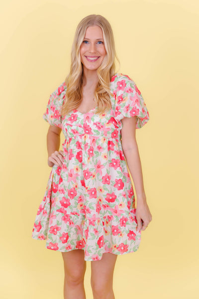 Bright Floral Print Dress- Babydoll Style Dress- &Merci Dresses
