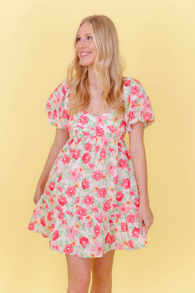 Bright Floral Print Dress- Babydoll Style Dress- &Merci Dresses