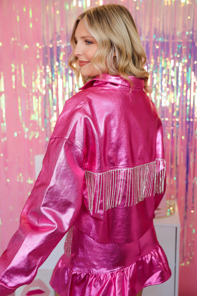 Hot Pink Metallic Jacket- Rhinestone Fringe Pink Jacket- Fun Metallic Jacket