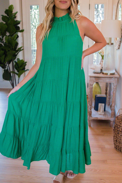 Chic High Neck Maxi Dress- Green Tiered Maxi- Entro Maxi