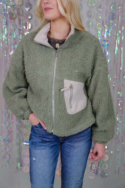Gren Teddy Bear Jacket- Women's Sherpa Jacket- Sage Green Sherpa Jacket For Women