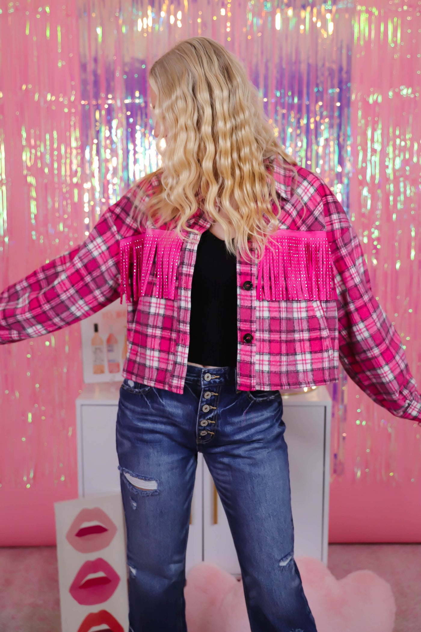 Plaid Shacket- Fringe Studded Shacket- Women's Pink Plaid Top