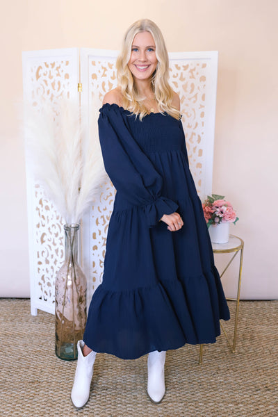 Off The Shoulder Midi Dress- Long Sleeve Midi Dress- &Merci Dress