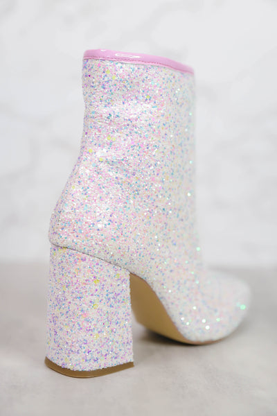 Women's White Glitter Boots- Pastel Glitter Boots-White Glitter Bachelorette Booties 
