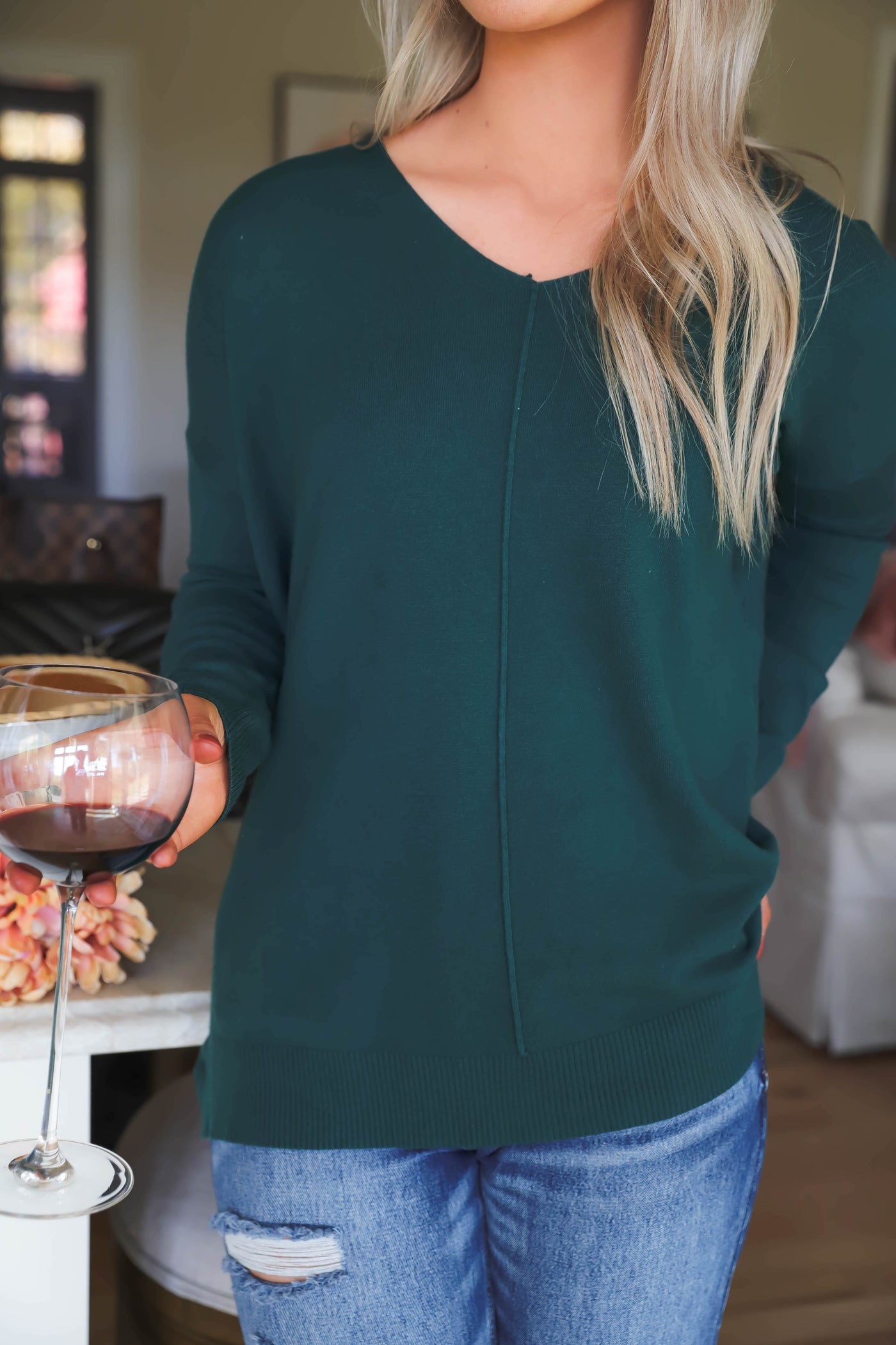 Soft Hunter Green Sweater- Women's V-Neck Sweater- Butter Sweaters