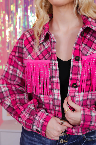 Plaid Shacket- Fringe Studded Shacket- Women's Pink Plaid Top