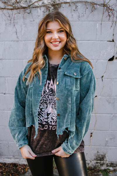 Teal Corduroy Jacket- Distressed Corduroy Vintage Style Jacket- $52
