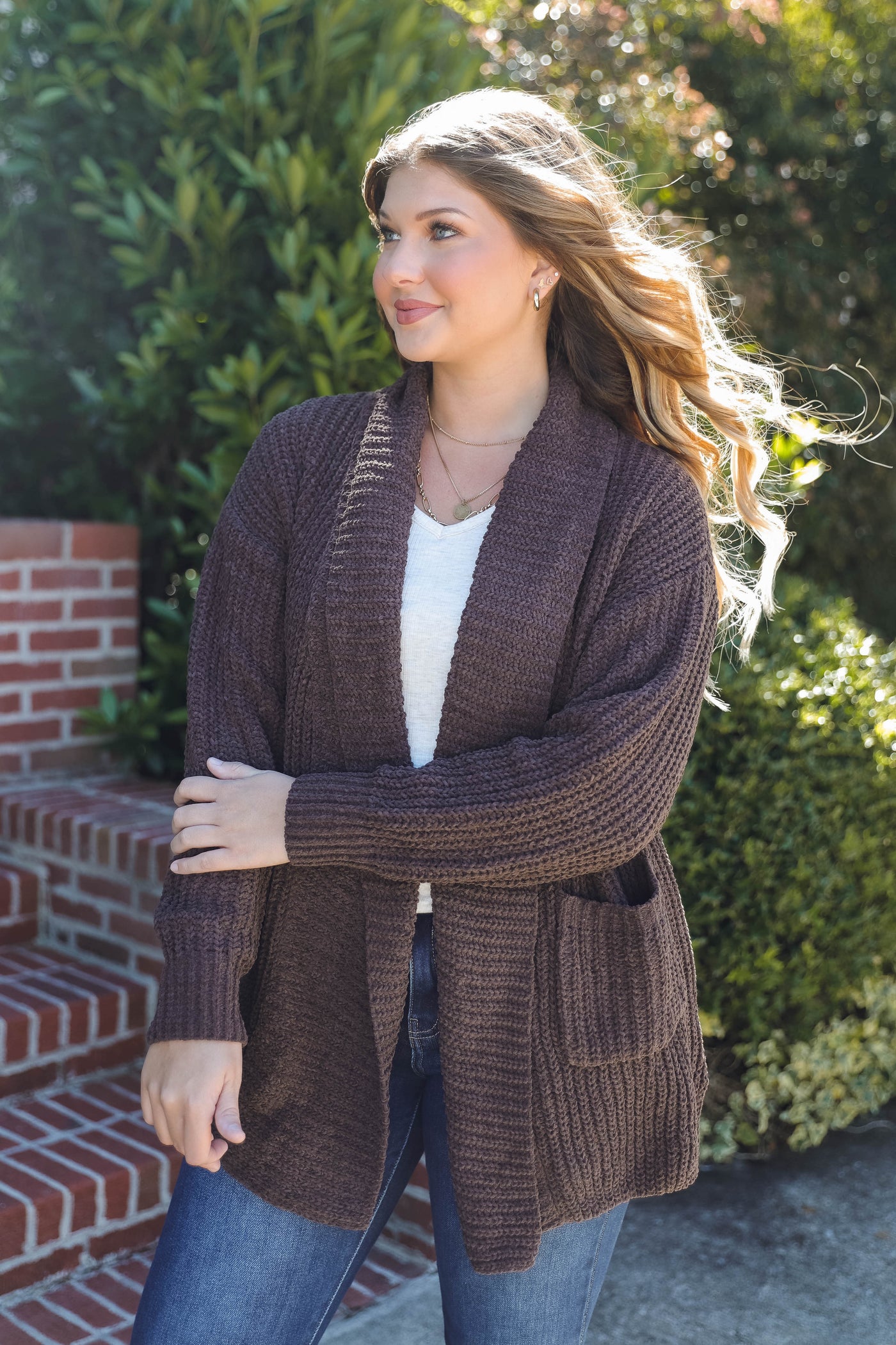 Brown Chenille Cardigan- Soft Cozy Cardigan with Pockets- Knitted Cardigan
