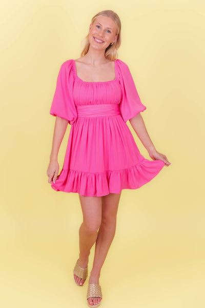 Hot Pink Satin Dress- Bow Back Dress- Pink Puff Sleeve Dress