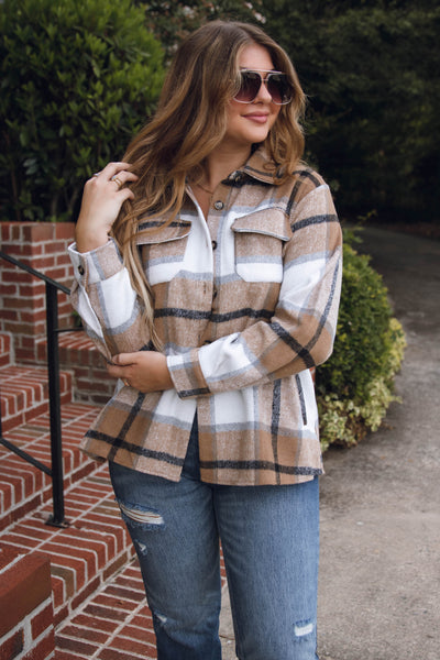 Brown Plaid Shacket- Women's Oversized Flannel Jacket- Blue B Flannel Jacket