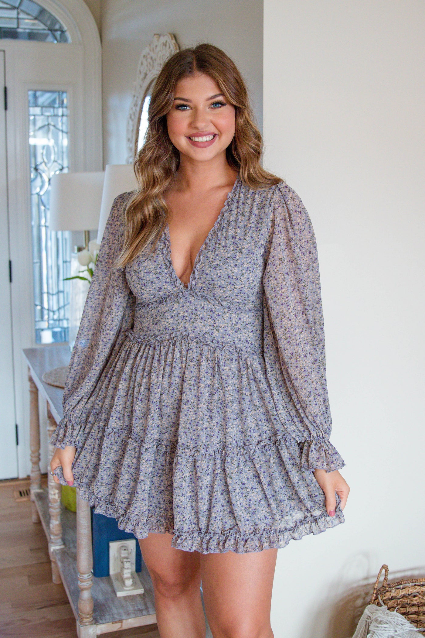 Open Back Dress- Floral Long Sleeve Dress- Women's Floral Spring Dress