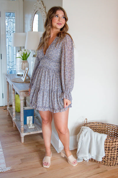 Open Back Dress- Floral Long Sleeve Dress- Women's Floral Spring Dress