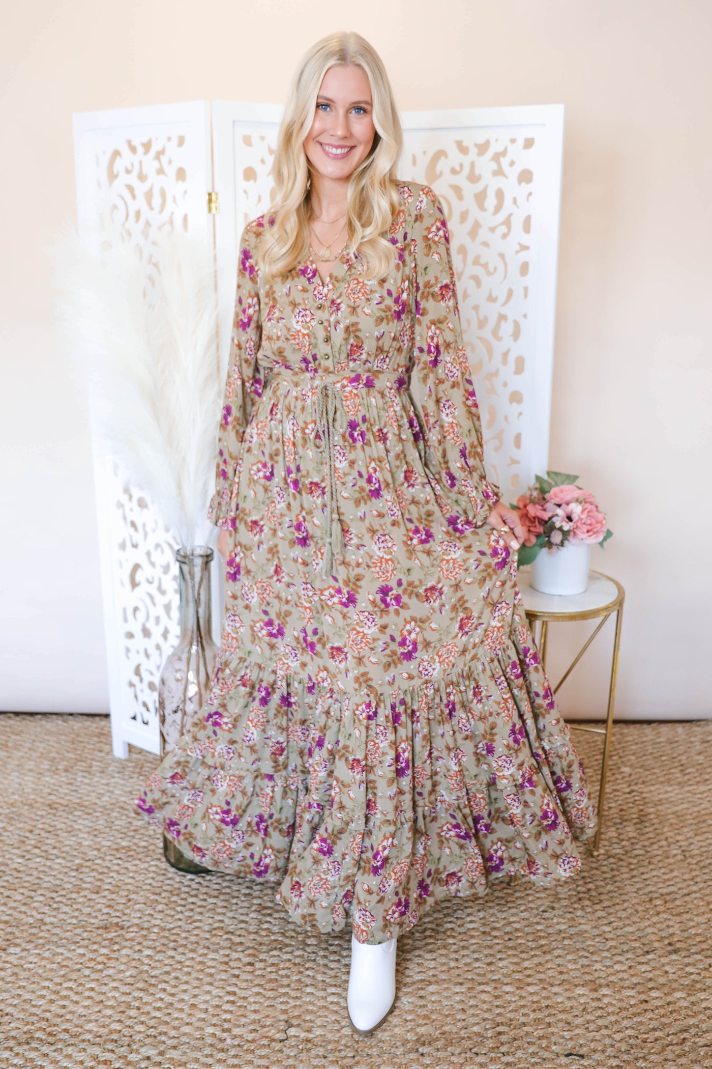 Tan Floral Boho Dress- Women's Long Sleeve Maxi Dress- Floral Print Maxi- Sweet Lemon Maxi Dress