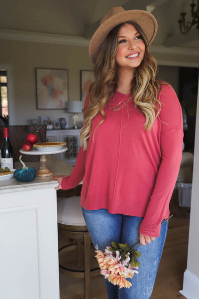 Soft Rust Sweater- Women's V-Neck Sweater- Butter Sweaters