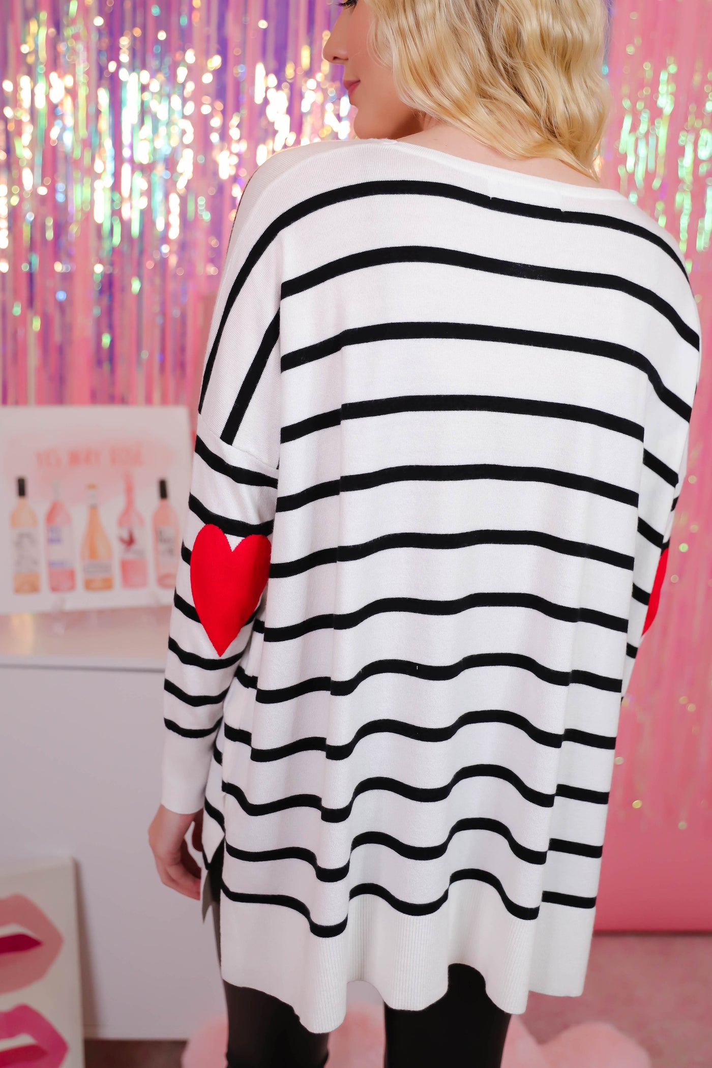 Black and White Striped Sweater with Heart Shaped Elbow Patches- Striped Sweater with Elbow Patches- Preppy Sweater