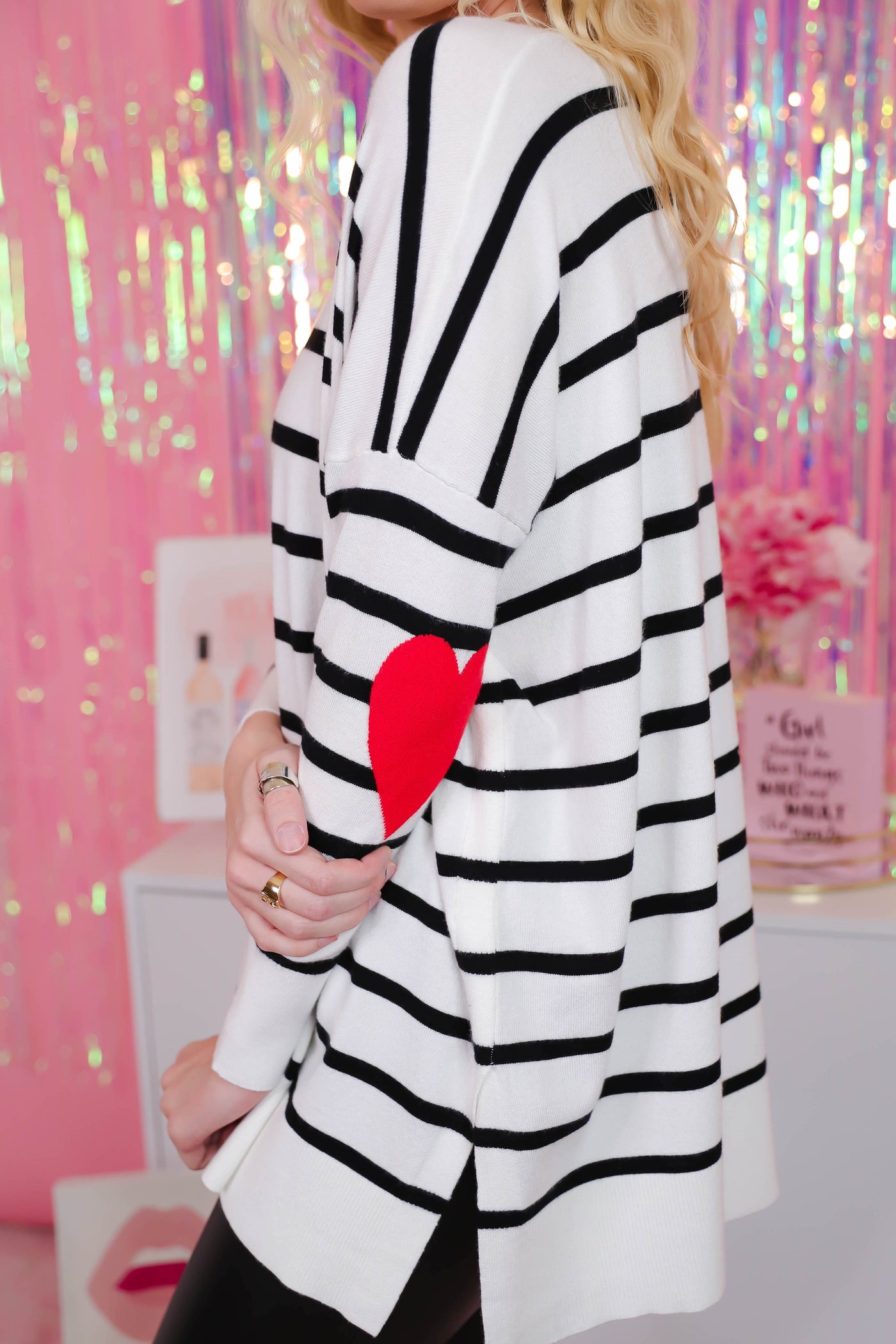 Black and White Striped Sweater with Heart Shaped Elbow Patches- Striped Sweater with Elbow Patches- Preppy Sweater
