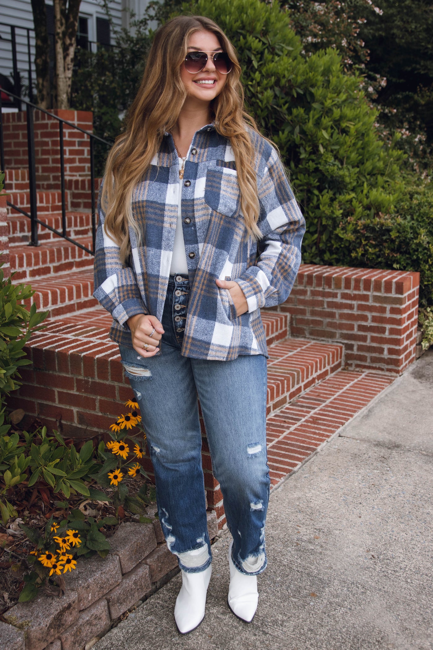 Oversized Navy and Blue Plaid Flannel Shacket- Women's Flannel Shirt Jacket- Blue B Flannel Shacket