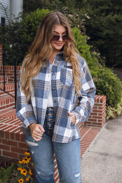 Oversized Navy and Blue Plaid Flannel Shacket- Women's Flannel Shirt Jacket- Blue B Flannel Shacket
