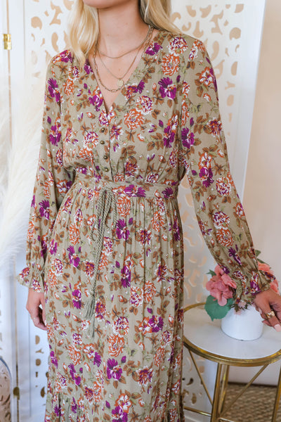 Tan Floral Boho Dress- Women's Long Sleeve Maxi Dress- Floral Print Maxi- Sweet Lemon Maxi Dress