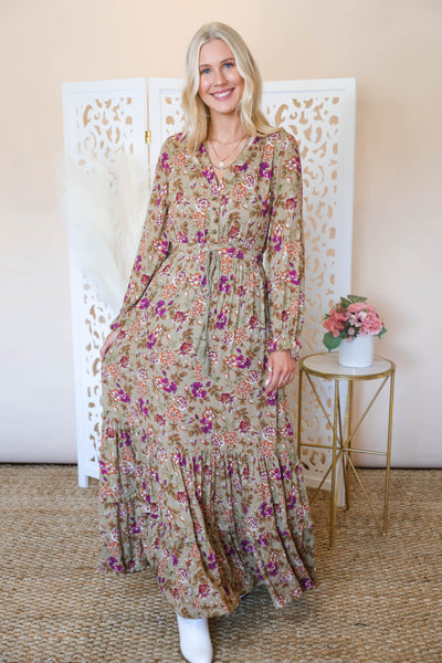 Tan Floral Boho Dress- Women's Long Sleeve Maxi Dress- Floral Print Maxi- Sweet Lemon Maxi Dress