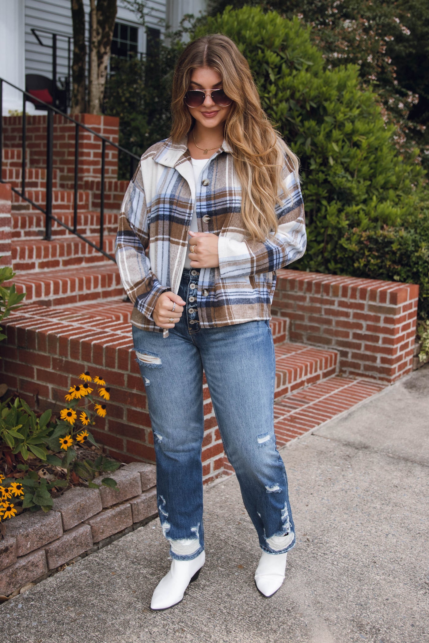 Blue and Brown Plaid Jacket- Plaid Brown Shacket- Women's Oversized Cropped Shacket- Blue B Plaid Shacket