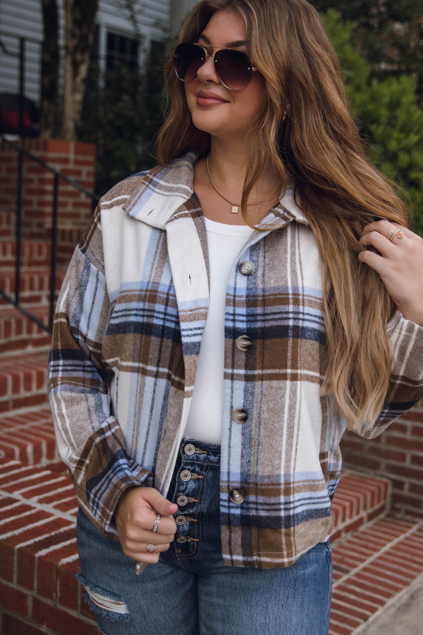 Blue and Brown Plaid Jacket- Plaid Brown Shacket- Women's Oversized Cropped Shacket- Blue B Plaid Shacket
