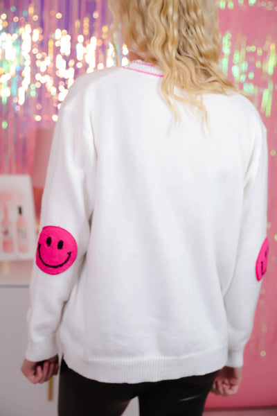 White Cardigan With Neon Smiley Face Patches- Smiley Face Cardigan with Neon Pink Stitching