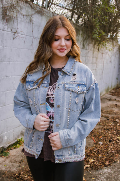 Trendy Light Wash Denim Jacket- Studded Denim Jacket- Boyfriend Style Denim Jacket- Fantastic Fawn Jacket