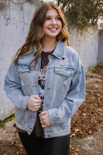 Trendy Light Wash Denim Jacket- Studded Denim Jacket- Boyfriend Style Denim Jacket- Fantastic Fawn Jacket