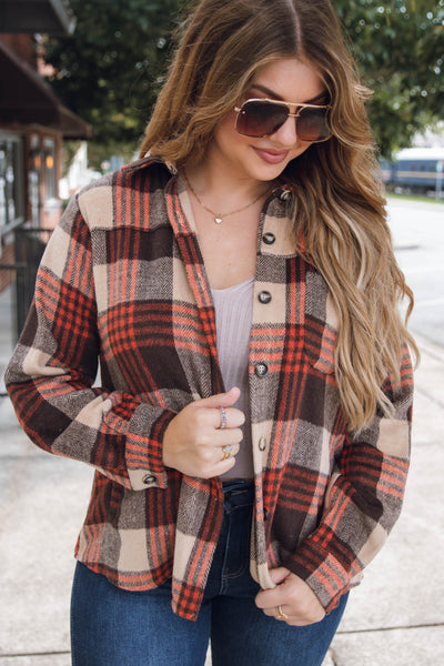 Oversized Brown and Rust Plaid Flannel Shacket- Women's Flannel Shirt Jacket- Blue B Flannel Shacket