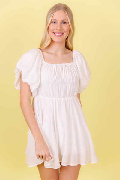 White Mini Dress- White Puff Sleeve Dress- Bridal Shower Dresses