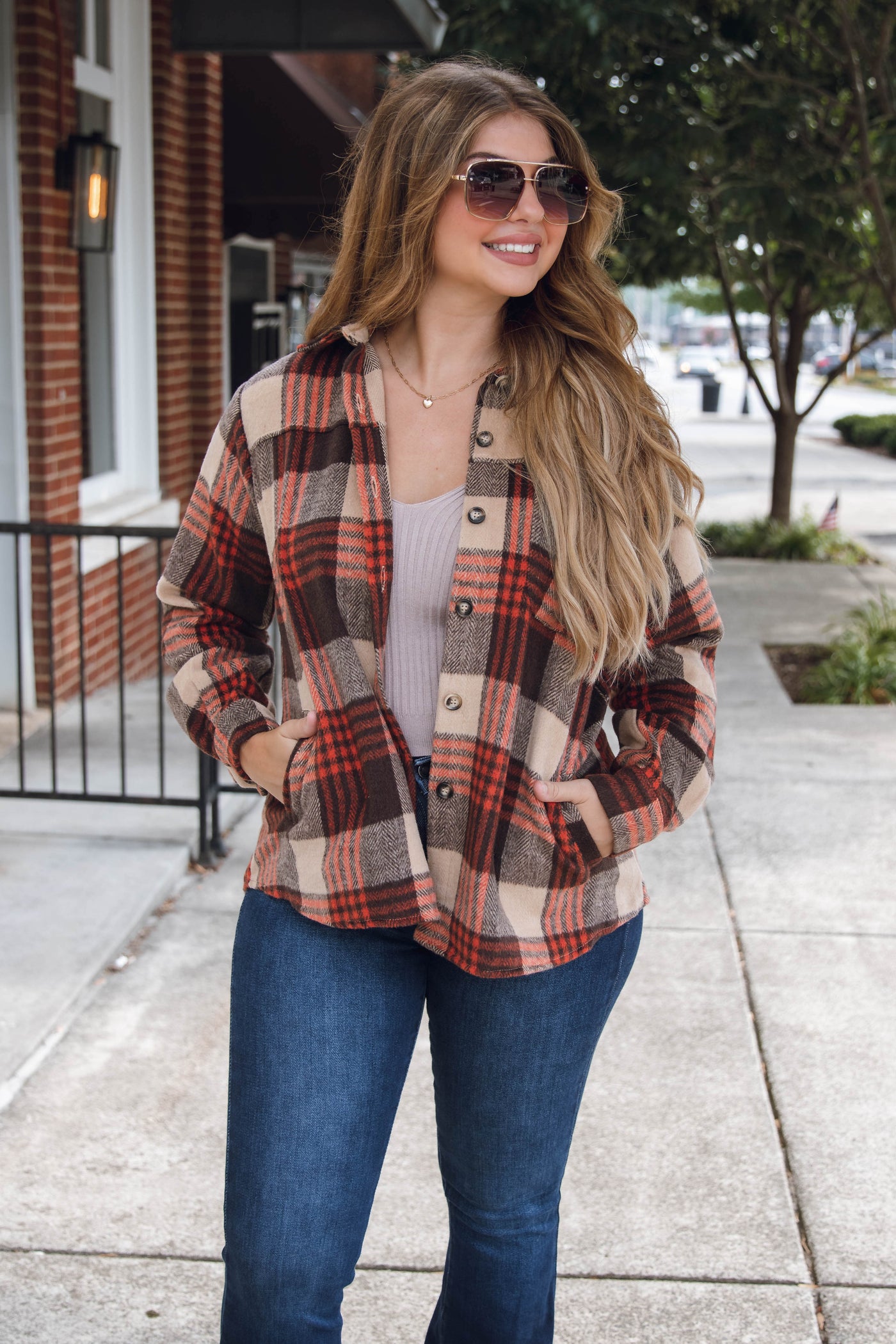Oversized Brown and Rust Plaid Flannel Shacket- Women's Flannel Shirt Jacket- Blue B Flannel Shacket