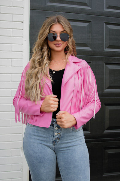 Hot Pink Moto Jacket- Faux Leather Fringe Jacket- Pink Fringe Jacket- Blue B Fringe Jacket