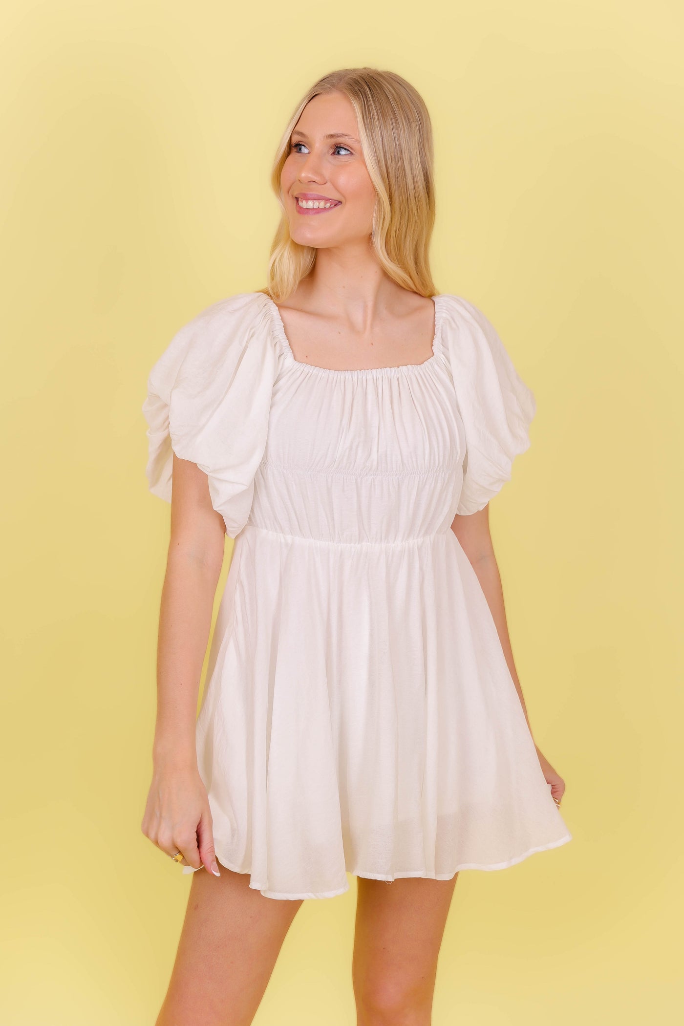 White Mini Dress- White Puff Sleeve Dress- Bridal Shower Dresses