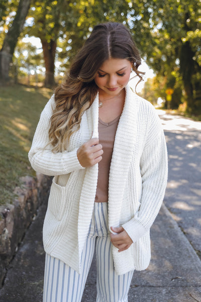 Ivory Chenille Cardigan- Soft Cozy Cardigan with Pockets- Knitted Cardigan