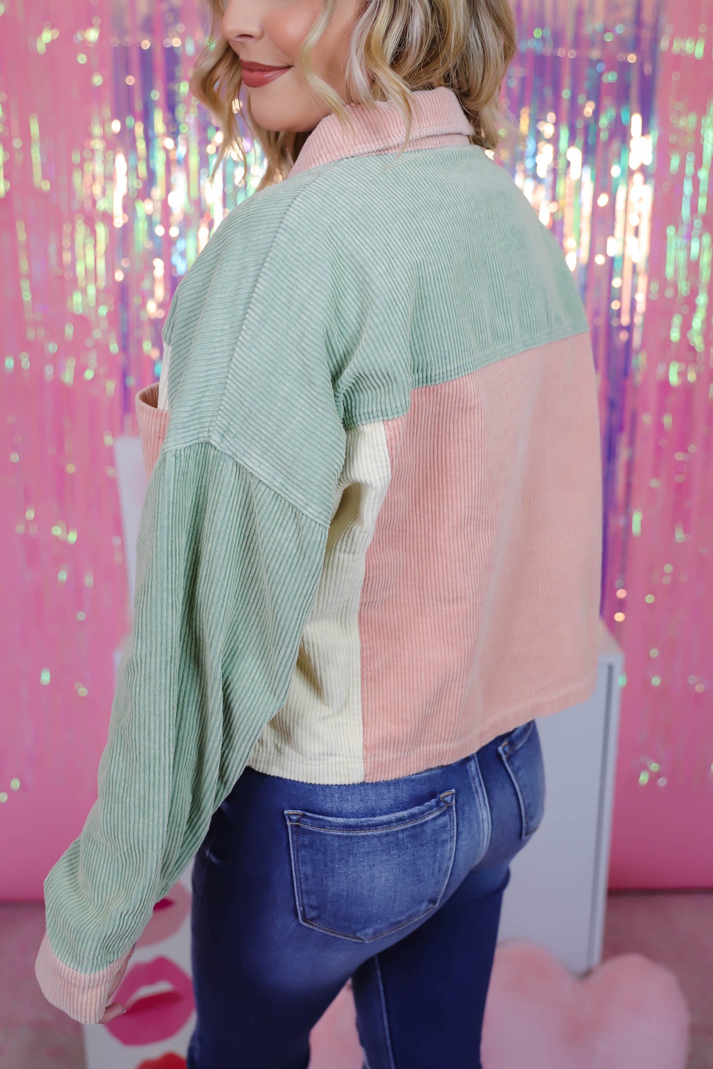 Corduroy Color Block Jacket- Cropped Corduroy Jacket- Mint and Pink Jacket