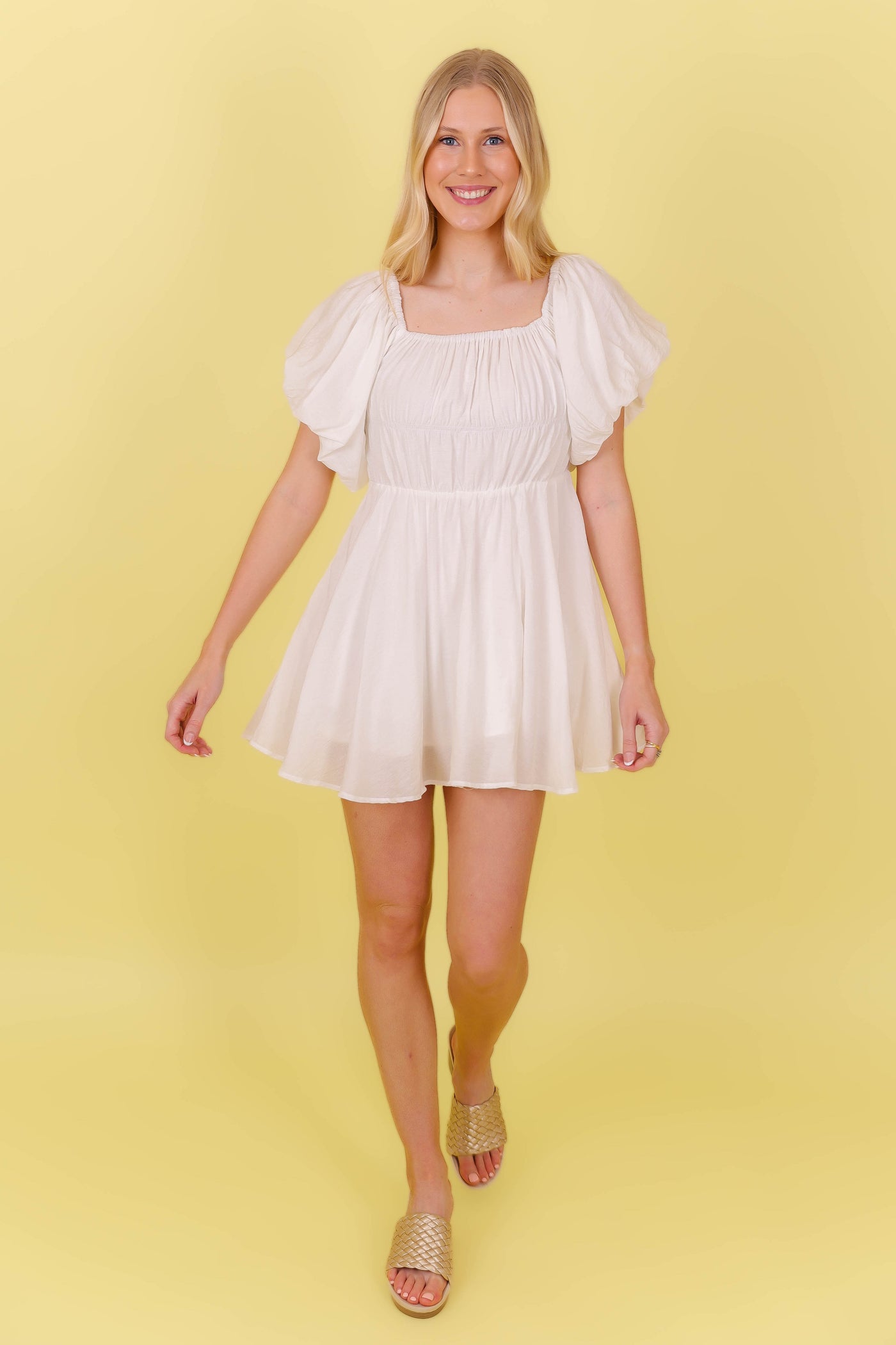 White Mini Dress- White Puff Sleeve Dress- Bridal Shower Dresses