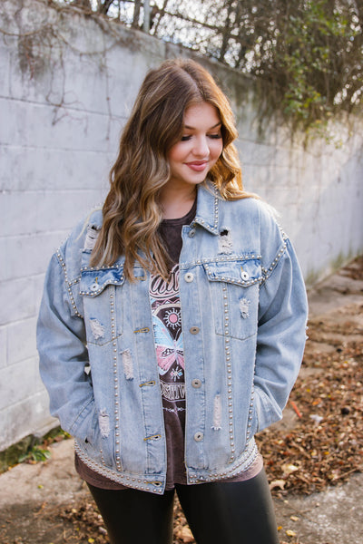 Trendy Light Wash Denim Jacket- Studded Denim Jacket- Boyfriend Style Denim Jacket- Fantastic Fawn Jacket