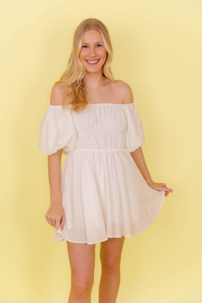 White Mini Dress- White Puff Sleeve Dress- Bridal Shower Dresses