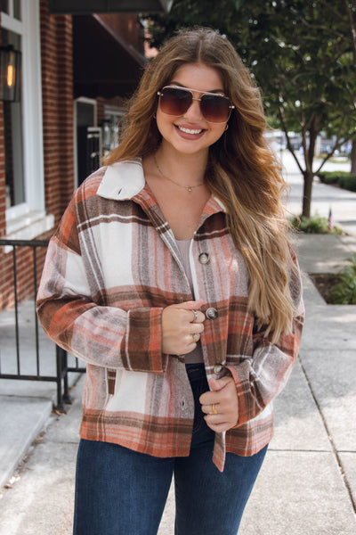 Rust and Brown Plaid Jacket- Plaid Brown Shacket- Women's Oversized Cropped Shacket- Blue B Plaid Shacket