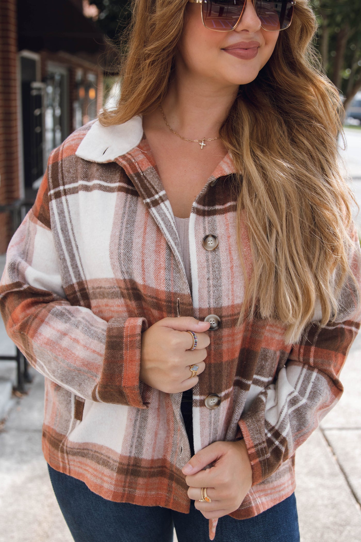 Rust and Brown Plaid Jacket- Plaid Brown Shacket- Women's Oversized Cropped Shacket- Blue B Plaid Shacket