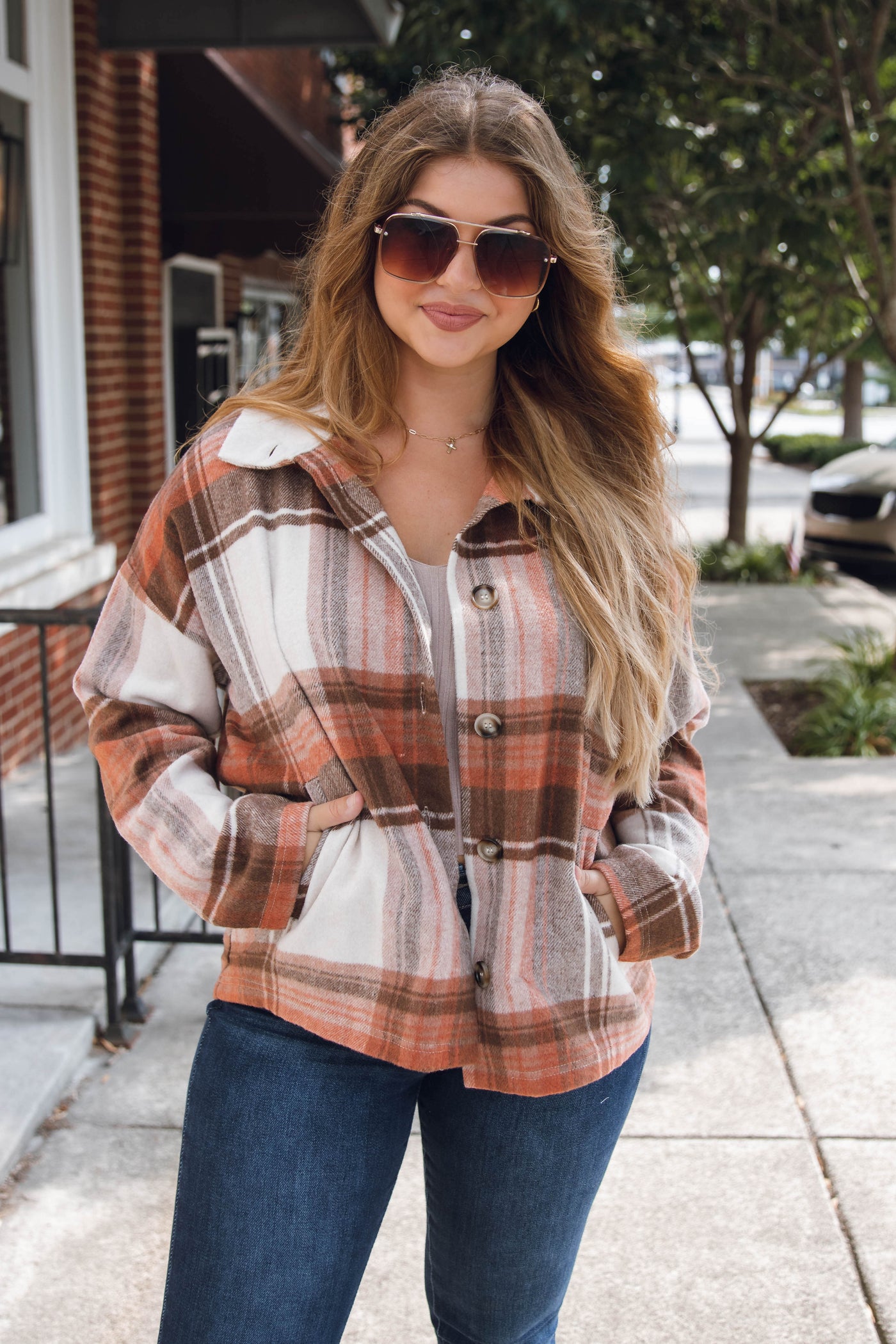 Rust and Brown Plaid Jacket- Plaid Brown Shacket- Women's Oversized Cropped Shacket- Blue B Plaid Shacket