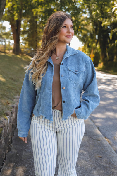 Women's Corduroy Jacket- Denim Blue Corduroy Jacket- Oversized Boyfriend Fit Jacket- POL Jacket