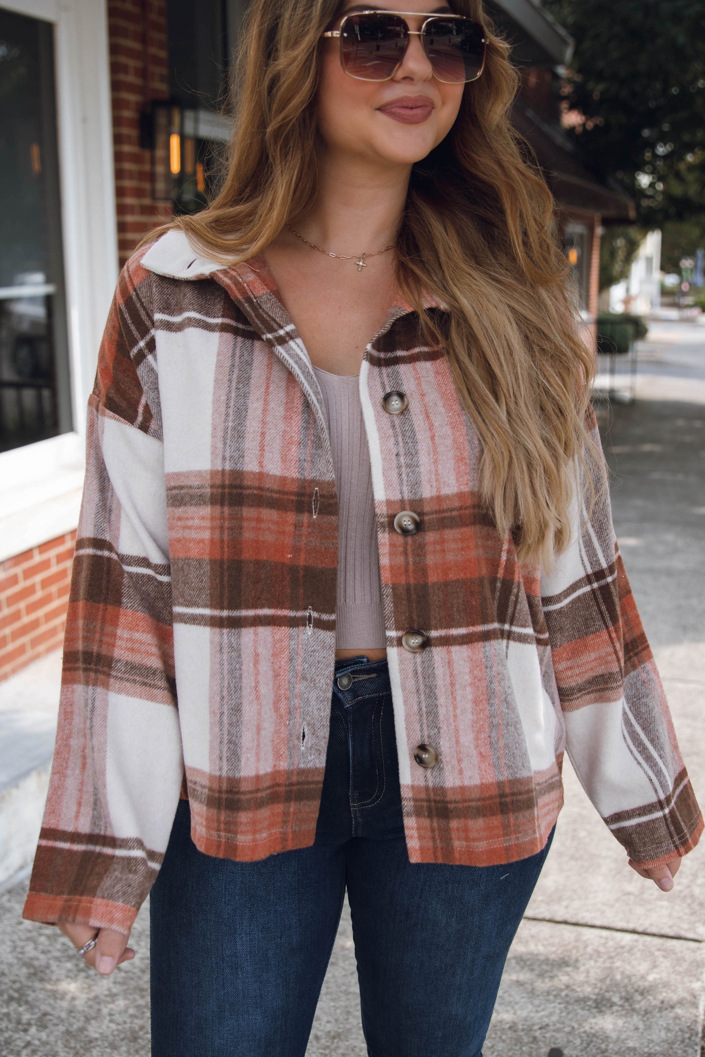 Rust and Brown Plaid Jacket- Plaid Brown Shacket- Women's Oversized Cropped Shacket- Blue B Plaid Shacket